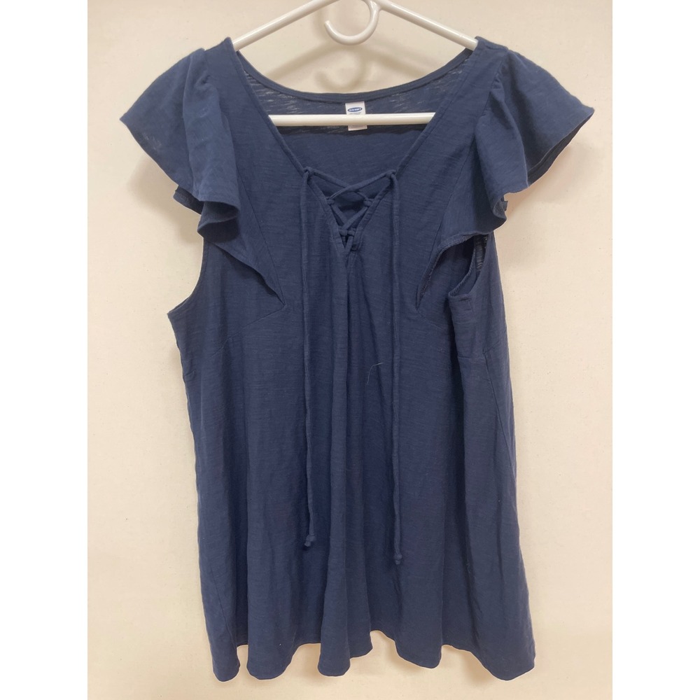 Old Navy Womens Navy Blue Flutter Sleeve Lace Up V-Neck Slub Knit Top Large